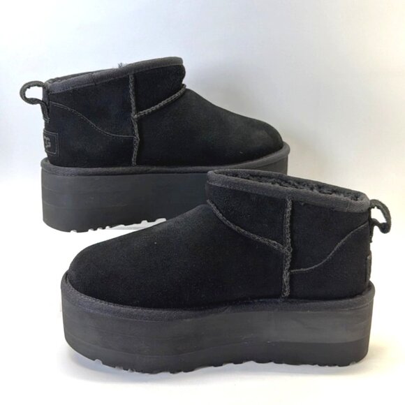 UGG Classic Ultra Mini Platform Boots Black Suede Winter Booties Women Size 5 - Picture 2 of 12